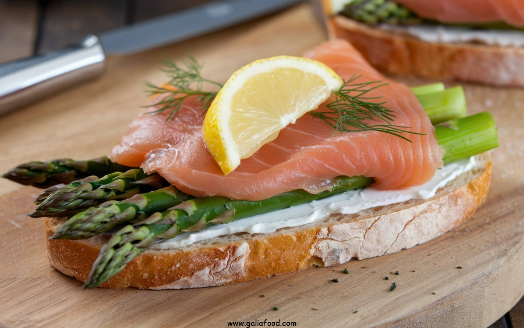 salmon breakfast recipes, aspargus and salmon tartine 