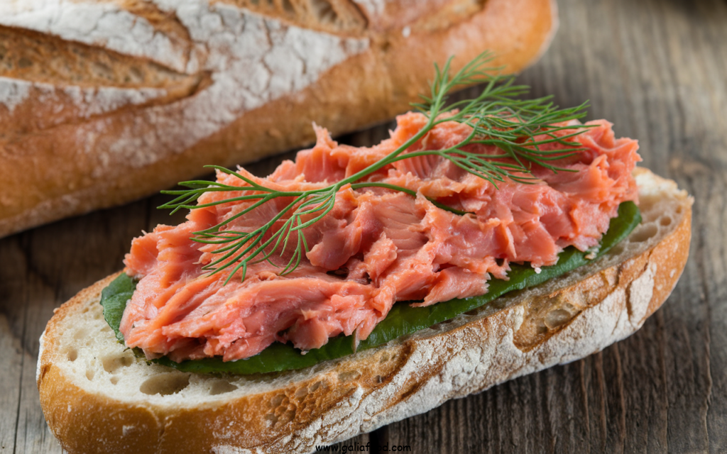 salmon breakfast recipes, salmon rillettes baguette