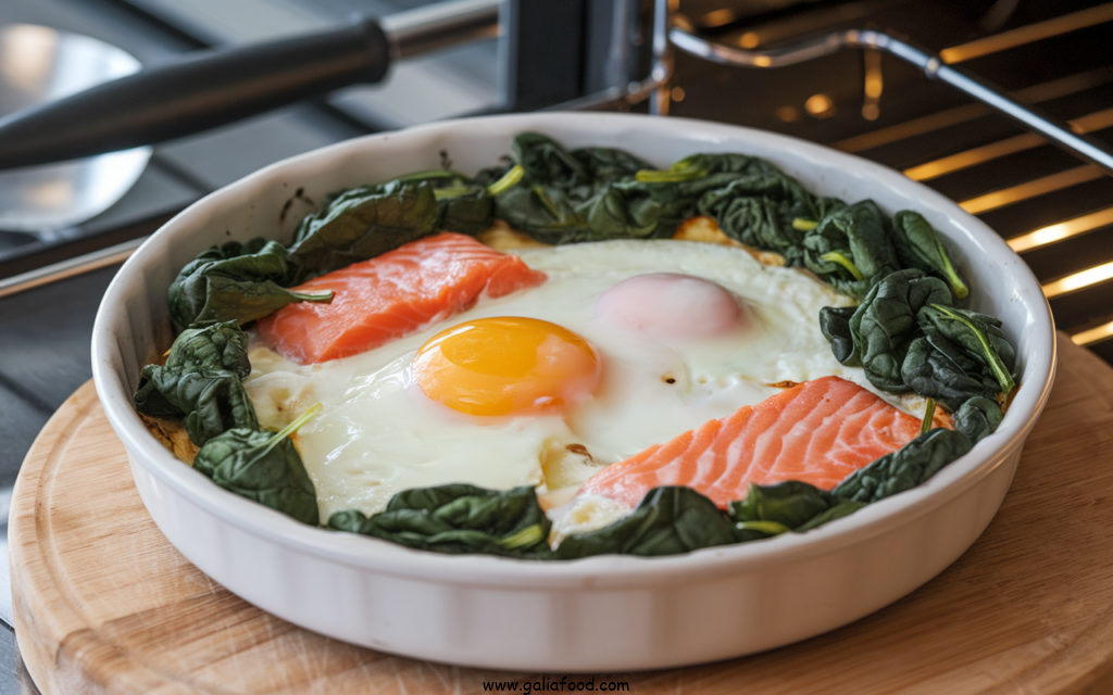 salmon breakfast recipes, baked eggs with salmon and spinach