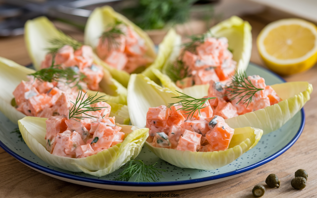 salmon breakfast recipes, endive boat with salmon salad 