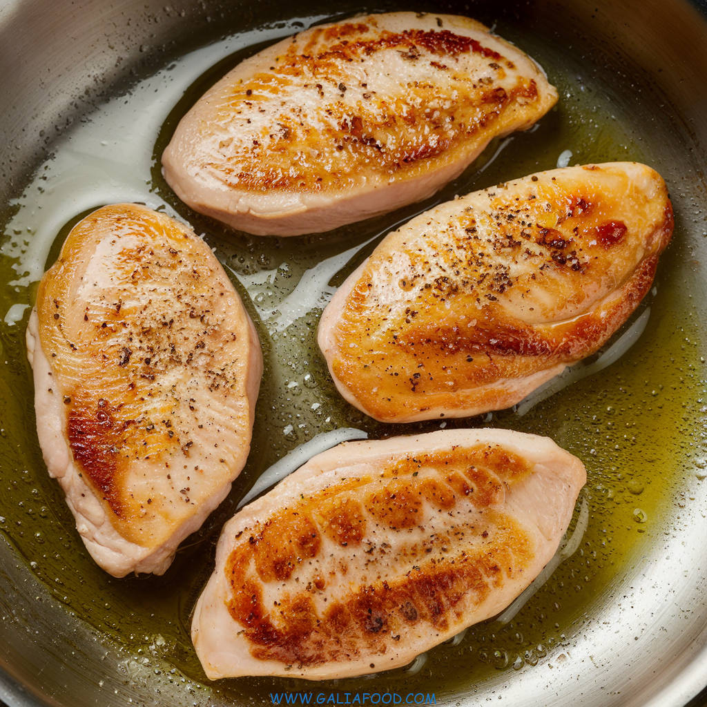 four chicken breast cooked in oil in a metallic skillet to prepare the chicken peppers onions recipe​