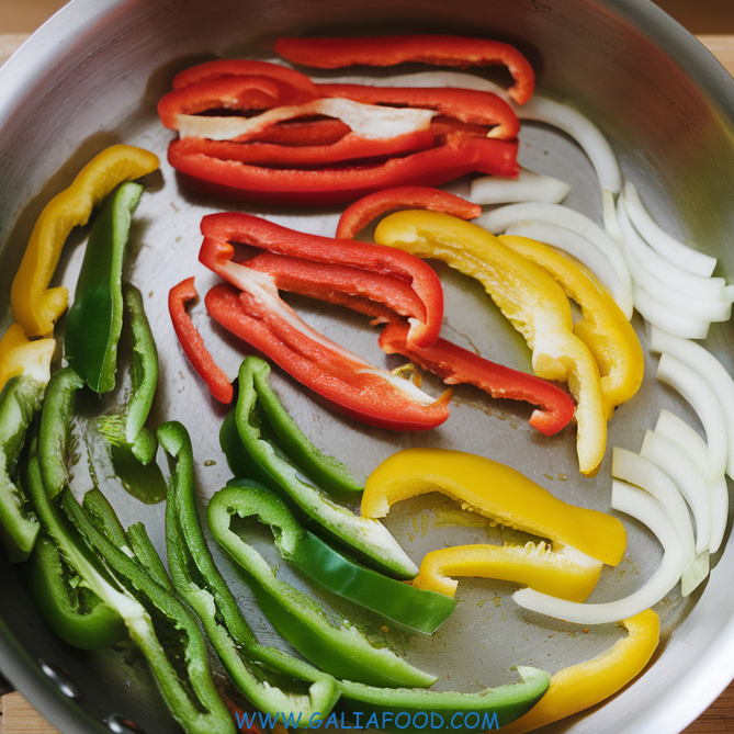 red, green and yellow peppers with onions in a metallic skillet to prepare the chicken peppers onions recipe​