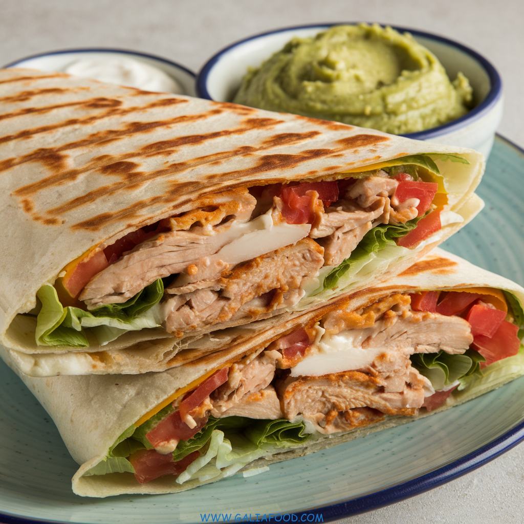 chicken tortillas recipe on a plate, with a cup of guacamole in the background