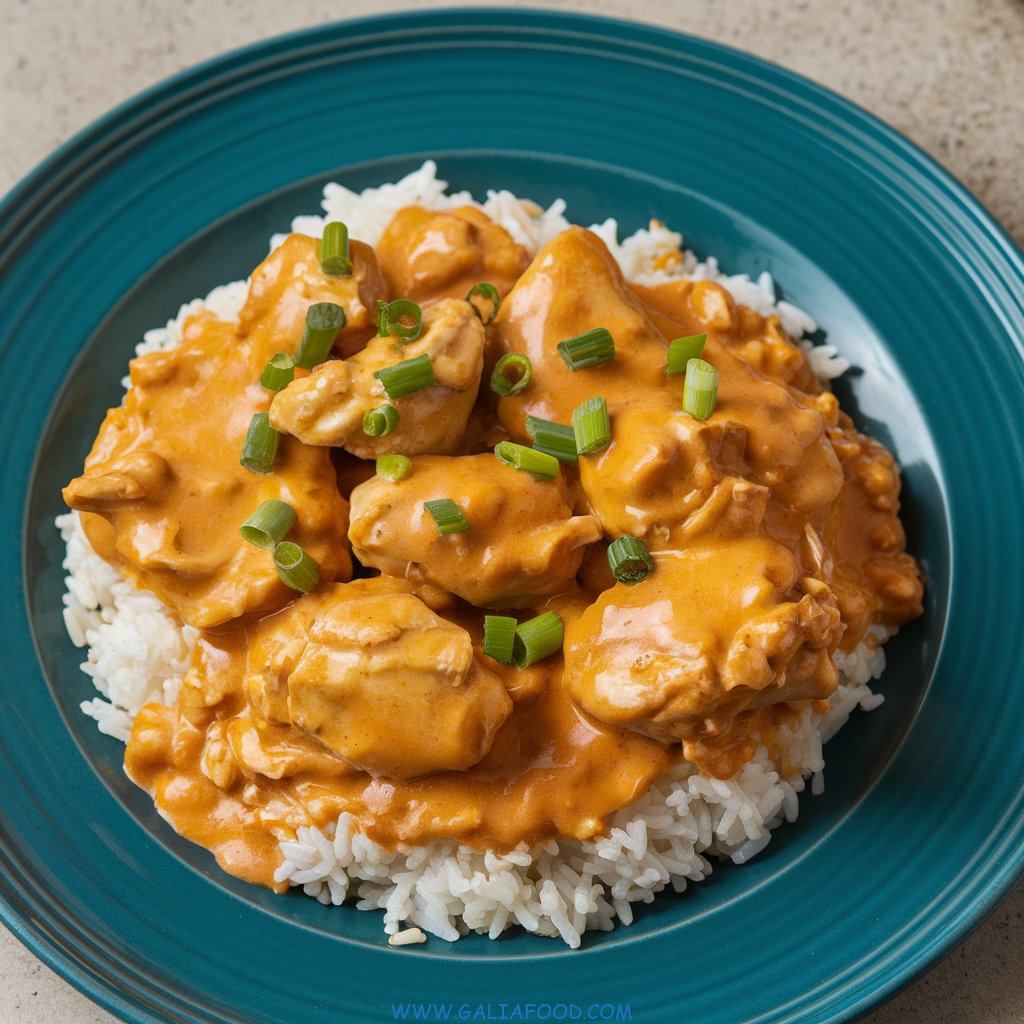 chicken with peanut butter recipe in a blue plate with rice